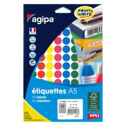 Round labels Ø 15 mm Agipa 11996 assorted colours - Box of 672