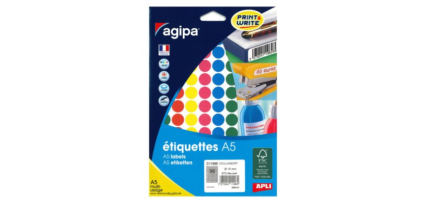 Pastille adhésive Ø 15 mm couleurs assorties - pochette de 672 gommettes