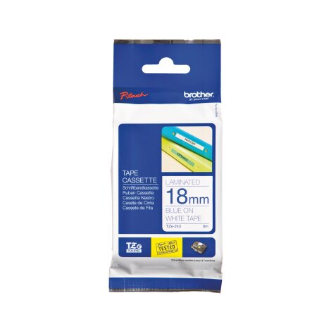 Niet-gelamineerd lint Brother TZE 243-18 mm wit met blauwe tekst