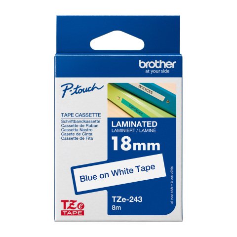 Cinta laminada Brother TZe243 azul sobre blanco 18 mm x 8 m