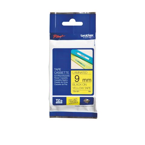 Cinta laminada Brother TZe621 negro sobre amarillo 9 mm x 8 m