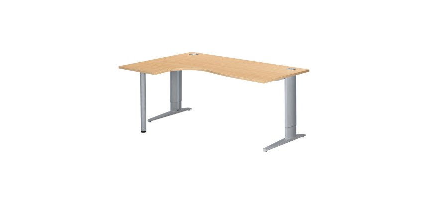 Bureau compact hêtre réglable en hauteur L 180 cm retour à gauche piètement L métal Plus Essens