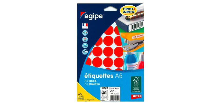 Pastille adhésive Ø 24 mm Agipa 11432 couleur - Boîte de 400