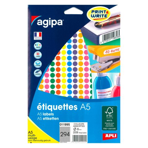 Pastille adhésive Ø 8 mm Agipa 11995 couleurs assorties - Boîte de 1764