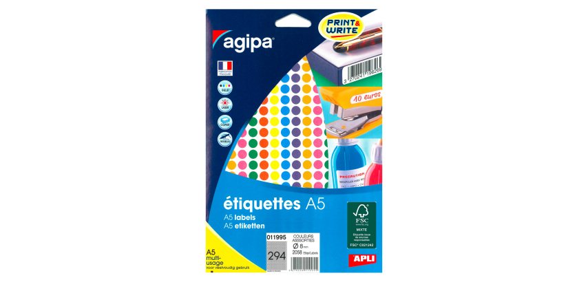 Pastille adhésive Ø 8 mm Agipa 11995 couleurs assorties - Boîte de 1764