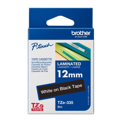 Cinta laminada TZe335 Brother blanco sobre negro 12 mm x 8 m