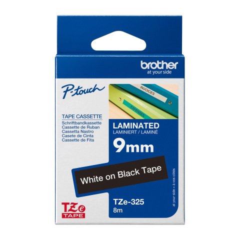 Cinta laminada Brother TZe325 Blanco sobre negro 9 mm x 8 m
