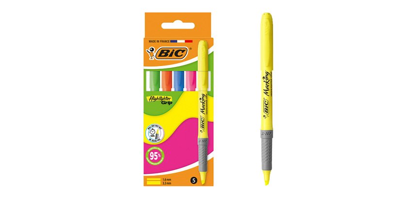 Surligneur Highlighter Grip Bic couleurs assorties - Pochette de 5