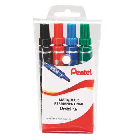 Marqueur permanent Pentel N60 pointe biseautée de 3,9 à 5,7 mm - Pochette de 4 couleurs assorties