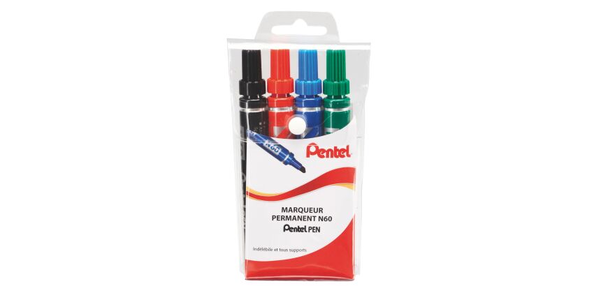 Marqueur permanent Pentel N60 couleurs assorties pointe biseautée 3,9 à 5,5 mm - Pochette de 4
