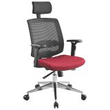 Chaise de bureau IZY tissu non feu rouge et maille, accoudoirs 2D, appui-tête et soutien lombaire, mécanisme synchrone, pieds aluminium