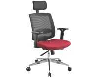 Chaise de bureau IZY tissu rouge et maille, accoudoirs 2D, appui-tête et soutien lombaire, mécanisme synchrone, pieds aluminium