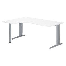 Bureau compact blanc réglable en hauteur L 180 cm retour à gauche piètement L métal Plus Essens