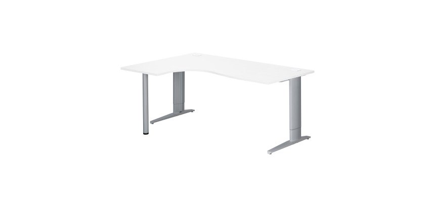 Bureau compact blanc réglable en hauteur L 180 cm retour à gauche piètement L métal Plus Essens