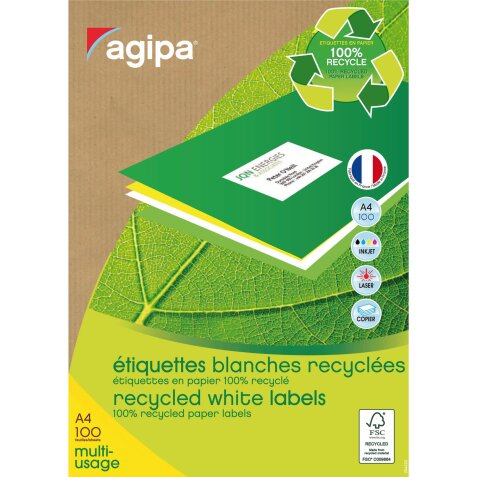 Box of 1400 recycled address labels 99,1 x 38,1 mm Agipa 101196 white for inkjet and laser