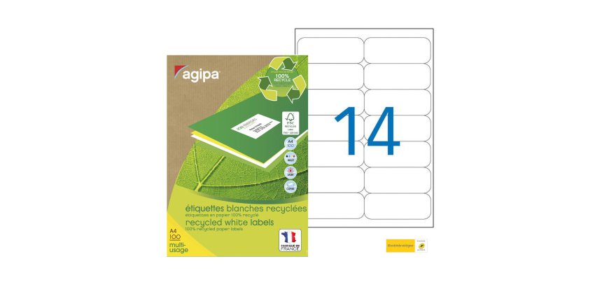 Box of 1400 recycled address labels 99,1 x 38,1 mm Agipa 101196 white for inkjet and laser