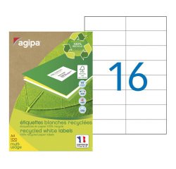 Doos van 1600 gerecycleerde adresetiketten 105 x 37 mm Agipa 101190 wit voor laser en inkjet