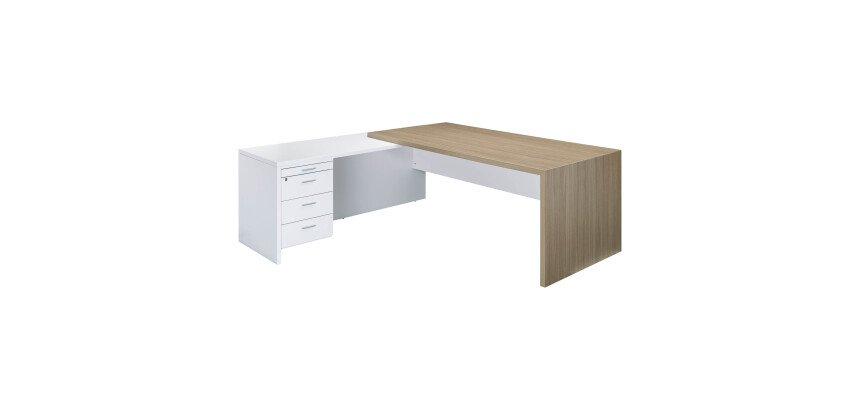 Bureau avec retour à gauche sur caisson L 180 x P 90 cm, piétement plein bois - Greko