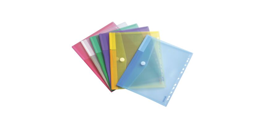 Pack 12 sobres portadcocumentos perforados cierre V-lock 24 x 31,6 cm, colores surtidos