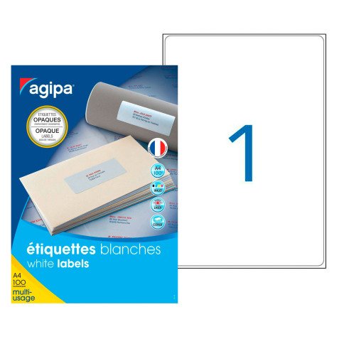 Etiquette opaque multi usage 199,6 x 289,1 mm Agipa 102418 blanche - Boite de 100