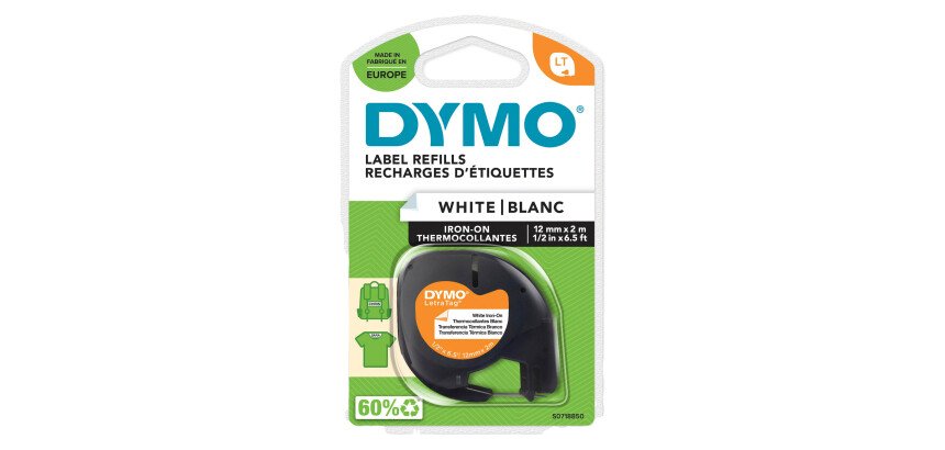 Ruban textile thermocollant Dymo LetraTag 12 mm x 2 m blanc écriture noire