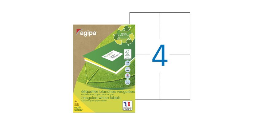 Etiquette adresse recyclée 105 x 148,5 mm Agipa 101193 blanche multi-usage - Boîte de 400