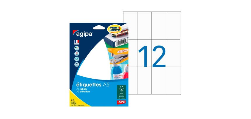 Etiquette adresse jet d'encre et laser Agipa - Etui A5 16 feuilles