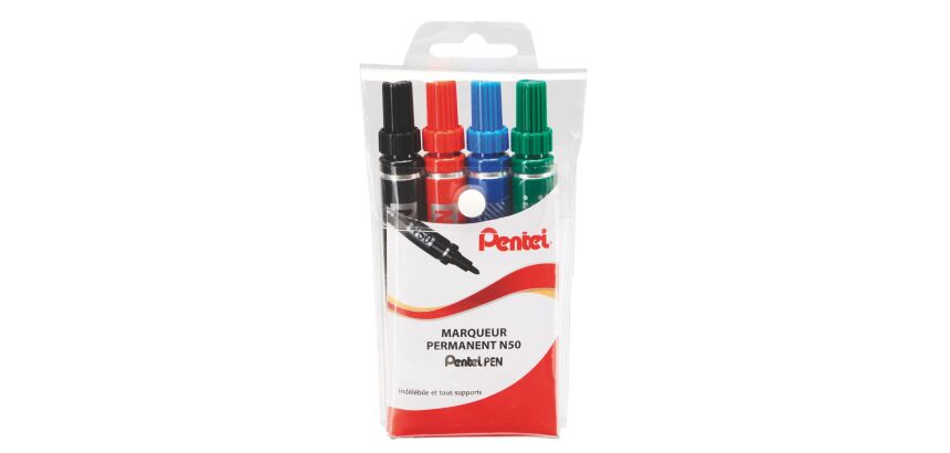Marqueur permanent Pentel N50 couleurs assorties pointe ogive 4,3 mm - Pochette de 4