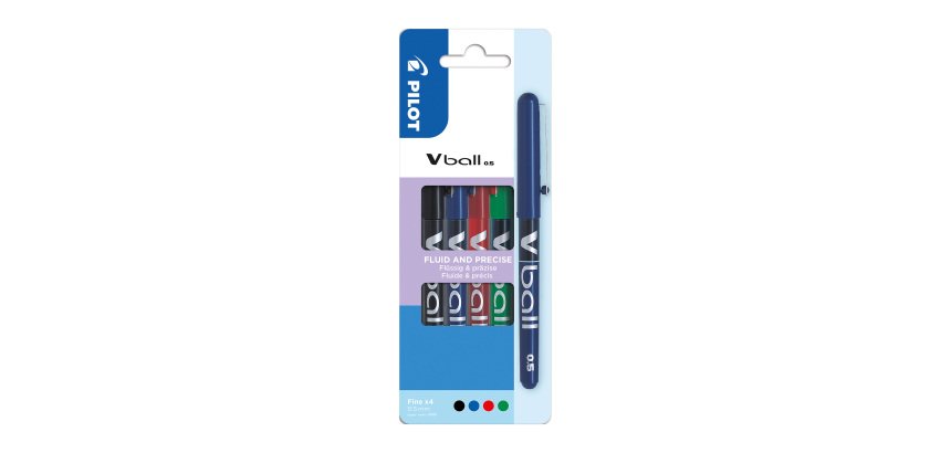 Stylo roller Pilot V-Ball écriture fine. Pochette de 4 couleurs classiques