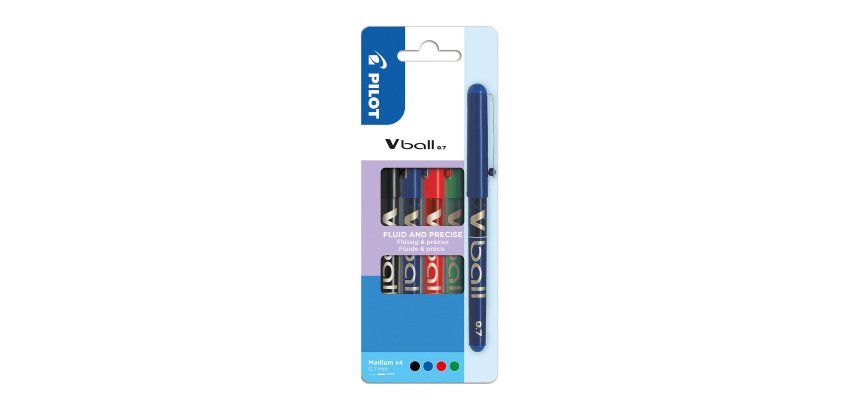 Stylo roller Pilot V-Ball écriture moyenne - Pochette de 4 couleurs classiques