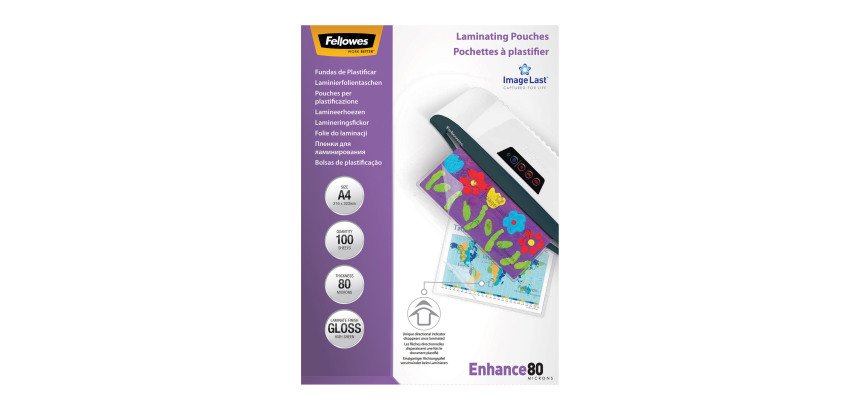 Boîte 100 pochettes de plastification A4 2 x 80 µ brillantes Fellowes