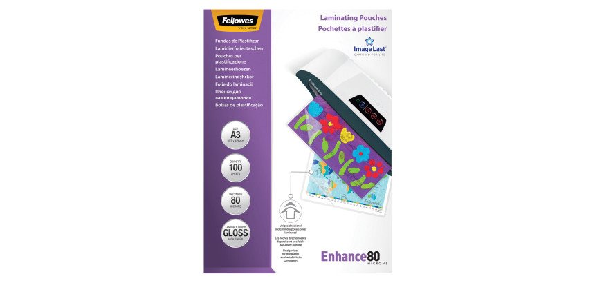 Pochettes de plastification Fellowes A3 2 x 80 µ brillantes - Boite de 100