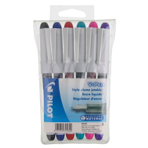 Pluma estilográfica Pilot V-Pen de escritura media: estuche con 6 colores clásicos