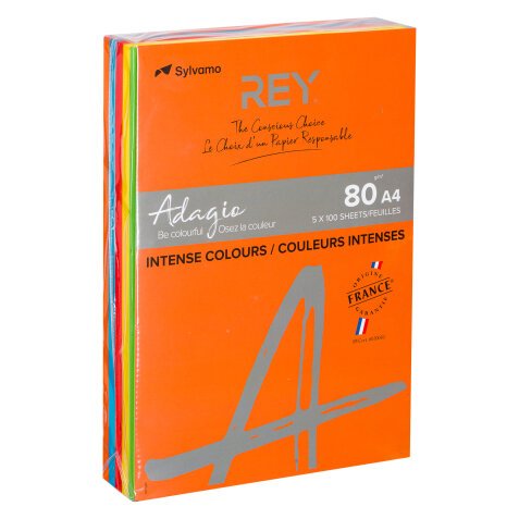 Riemen farbiges Papier Rey Adagio intensive Farben Sortiment A4 80 g - 5 x 100 Blatt