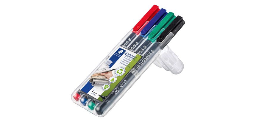 Rotulador permanente Lumocolor Staedtler punta extrafina - Caja 4 colores clásicos