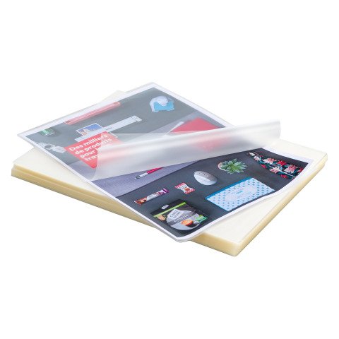 Paquete de 100 fundas de plastificación térmica con reverso adhesivo A4, 2 x 125 µ, brillante