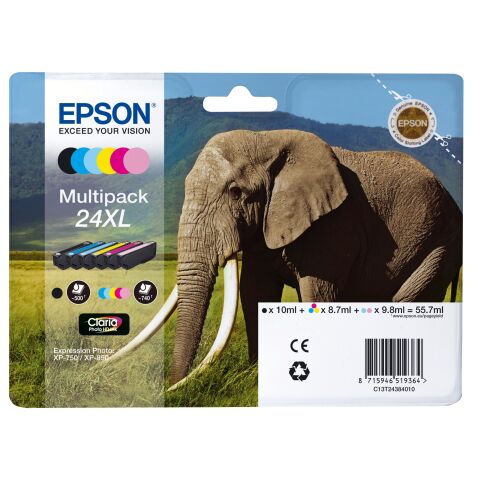 Epson 24XL Pack 6 cartuchos Negro + multicolor alta capacidad (500 + 5 x 740 páginas)