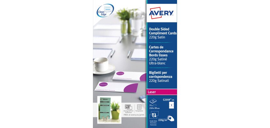 Carte de correspondance Avery Quick and Clean format 210 x 99 mm - 220gr - blanche - Pochette de 75