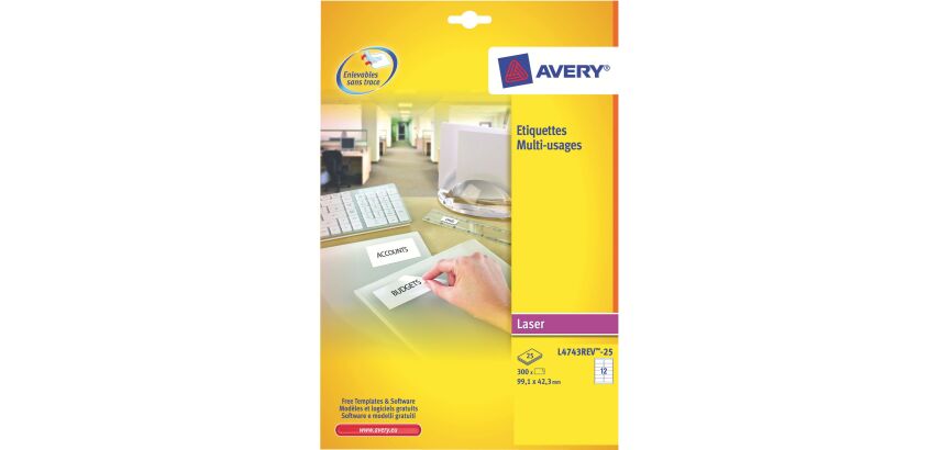 Pak 300 verwijderbare etiketten Avery L 4743 99,1 x 42,3 mm voor laserprinter