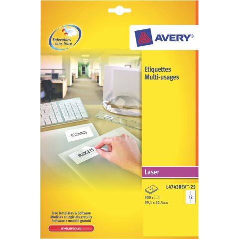 Etiqueta removible para inkjet y láser Avery L4743-25 blanco, 99,1 x 42,3 mm - Paquete de 300