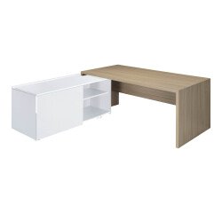 Bureau avec retour à gauche sur desserte L 180 x P 90 cm, piétement plein bois - Greko