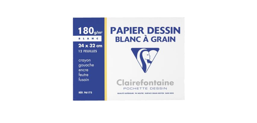 Pochette 12 feuilles papier dessin blanc A4+ Clairefontaine C à grain 180g