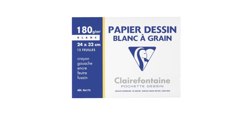Pochette papier à dessin blanc à grain Clairefontaine - 24 x 32 cm - 180g - 12 feuilles