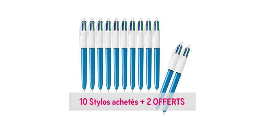 Pack 10 + 2 stylos bille Bic 4 couleurs Classique rétractable pointe 1 mm - écriture moyenne