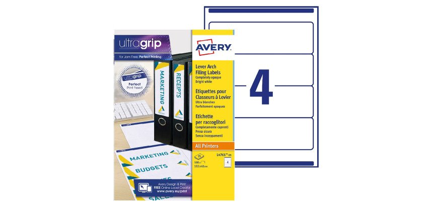 Etiquettes universelles classeurs à levier 192 x 61 mm Avery L4761 - Pochette de 100