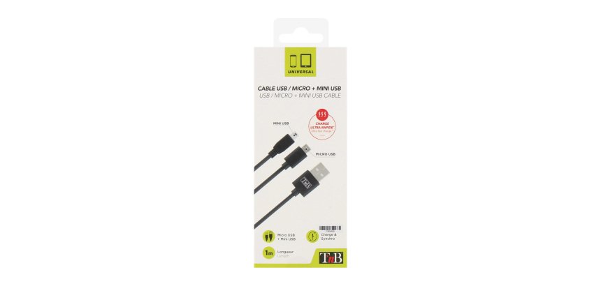 T'nB Câble USB 2.0 A mini et micro USB mâle/mâle - 1,2 m