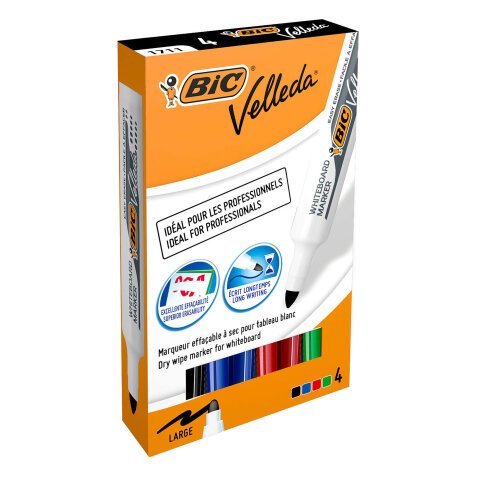 Marqueur effaçable Bic Velleda 1711 pointe ogive 0,6 mm - Boîte de 4 couleurs assorties