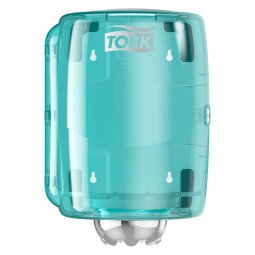 Distributeur Tork à dévidage central blanc et turquoise M2, design compact, gamme Performance