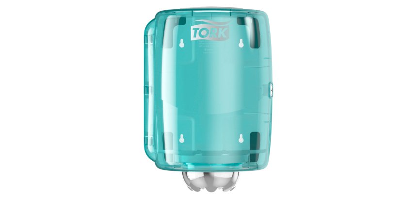 Distributeur Tork à dévidage central blanc et turquoise M2, design compact, gamme Performance