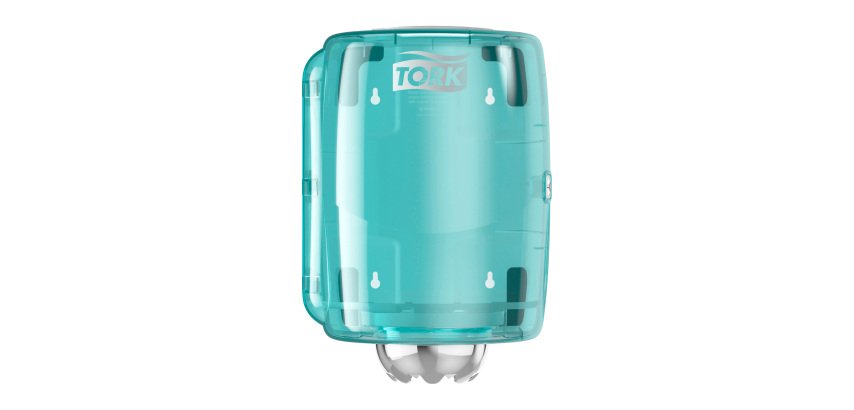 Distributeur Tork à dévidage central blanc et turquoise M2, design compact, gamme Performance